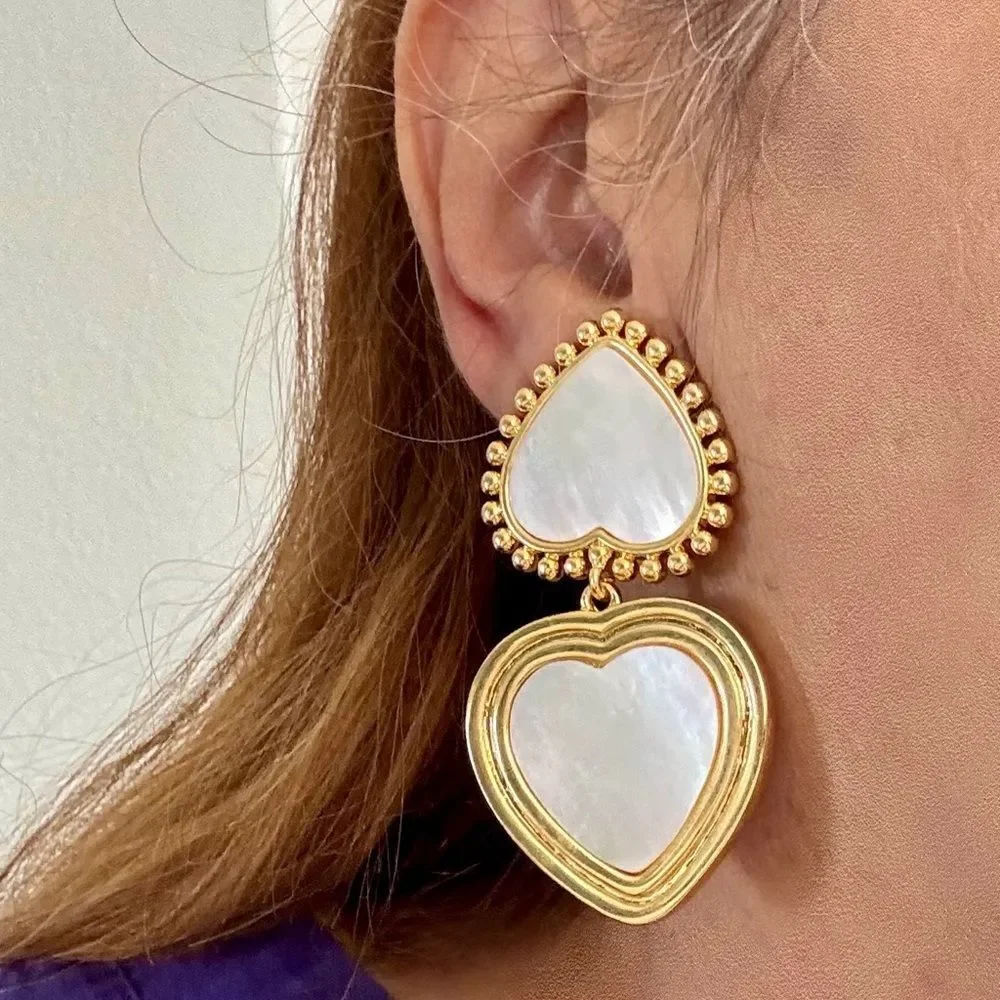 TORY BURCH Elegant Gold and White Heart Earrings